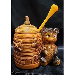 Vintage Armbee Ceramic Bear Honey Pot With Lid Made In Japan W/spoon